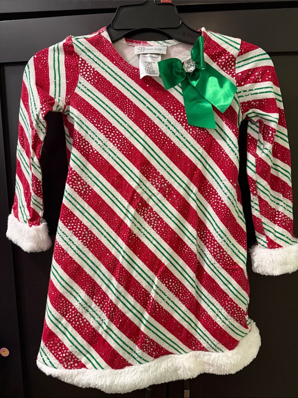 Bonnie Jean Red, White & Green Striped Holiday Dress with Green Satin Bow 4T